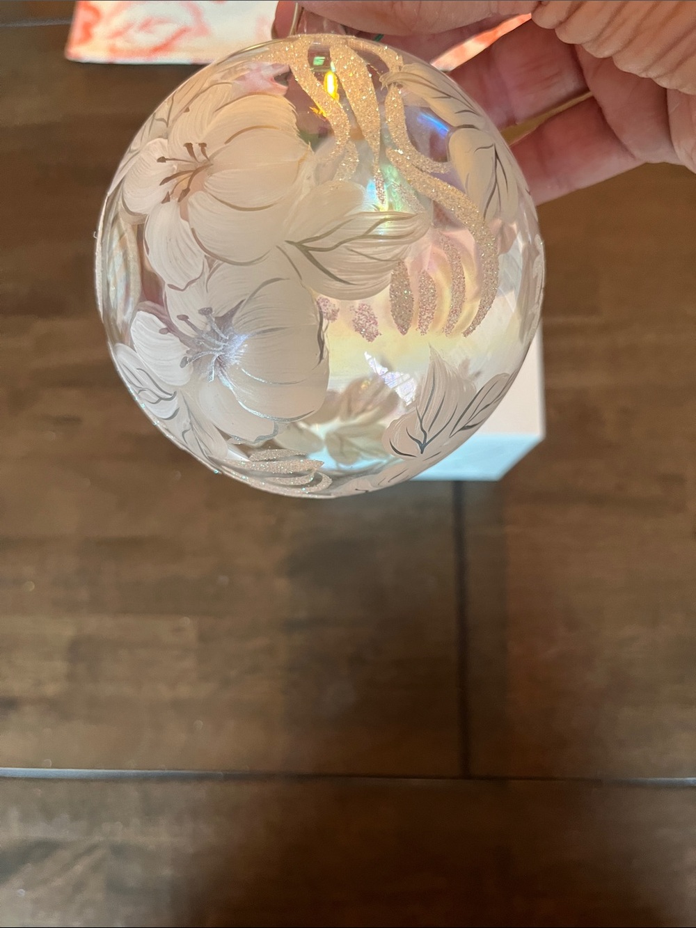 Vintage Iridescent Glass Ornament with White Floral Accents
